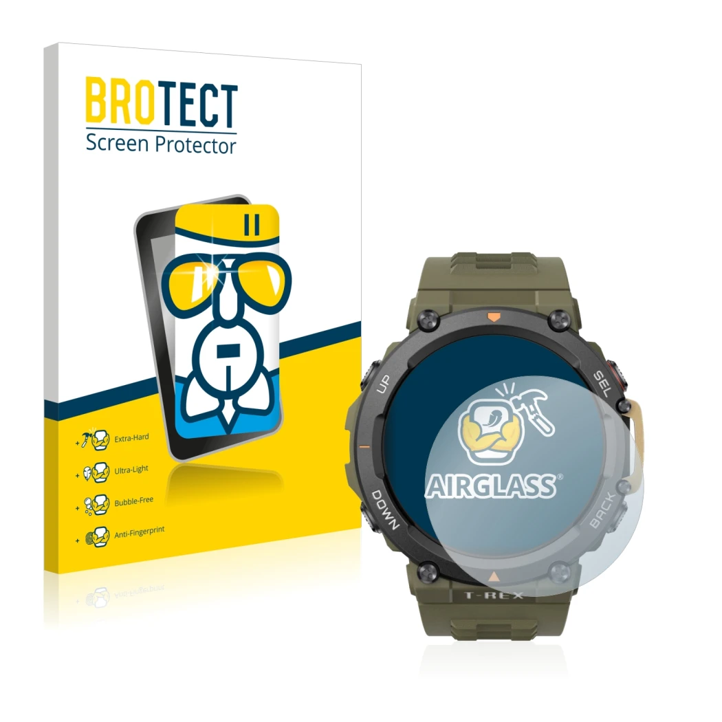 Face avant d’un emballage produit avec le logo de la marque BROTECT. À côté, l’appareil Huami Amazfit T-Rex 2 est représenté a