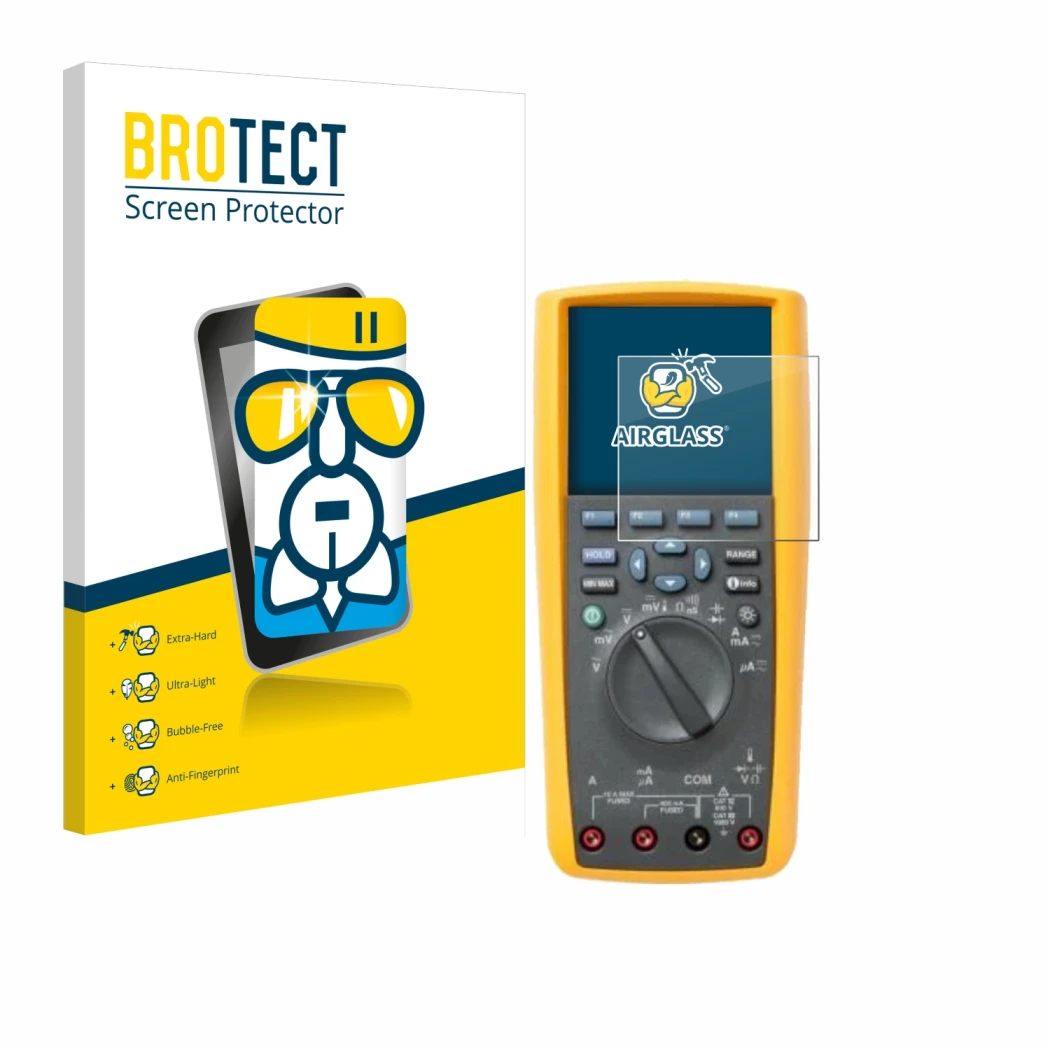 Face avant d’un emballage produit avec le logo de la marque BROTECT. À côté, l’appareil Fluke 287 est représenté avec la prote