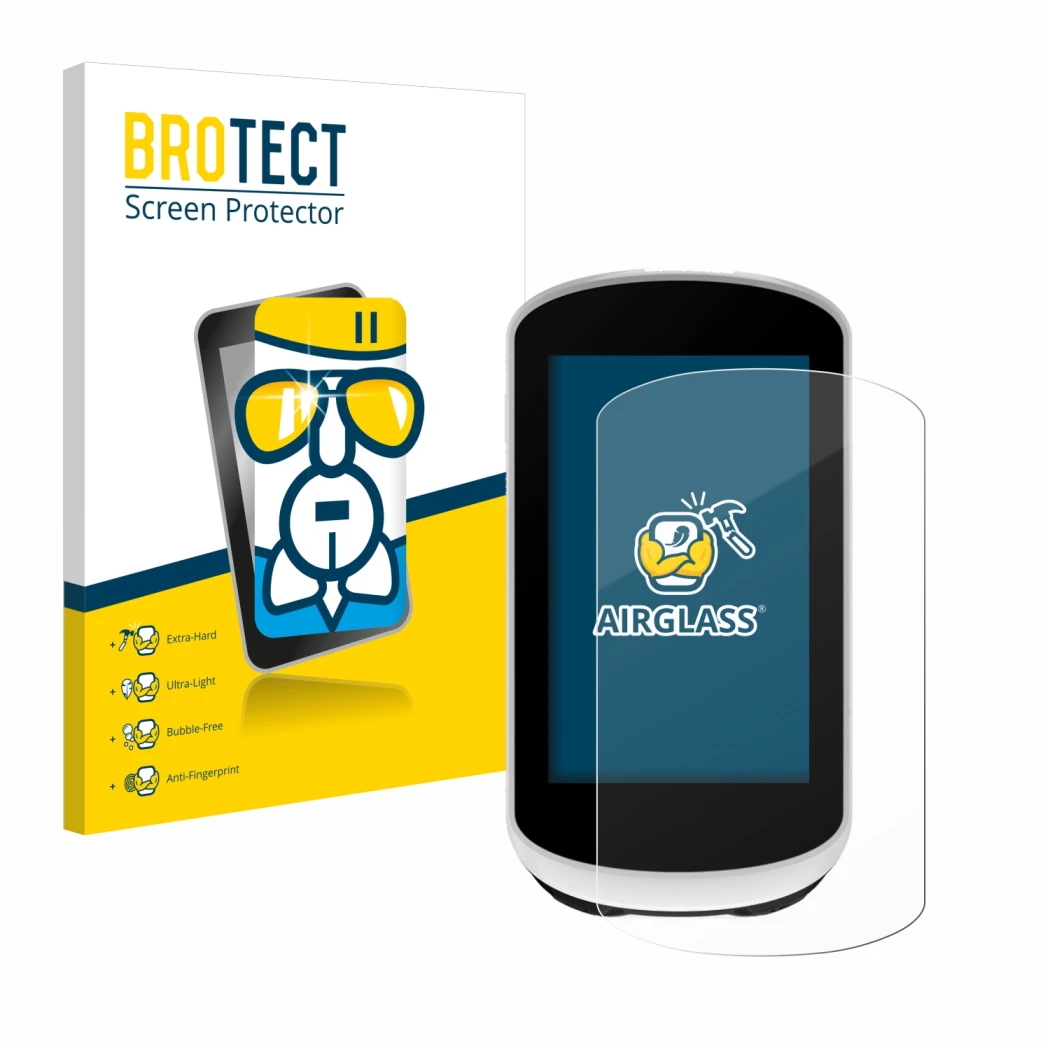 Face avant d’un emballage produit avec le logo de la marque BROTECT. À côté, l’appareil Garmin Edge Explore 2 est représenté a