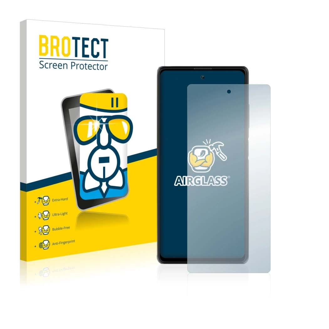 Face avant d’un emballage produit avec le logo de la marque BROTECT. À côté, l’appareil Blackview A100 est représenté avec la 