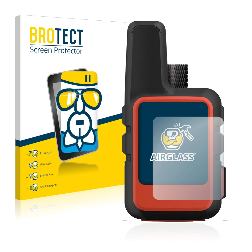 Face avant d’un emballage produit avec le logo de la marque BROTECT. À côté, l’appareil Garmin inReach Mini 2 est représenté a