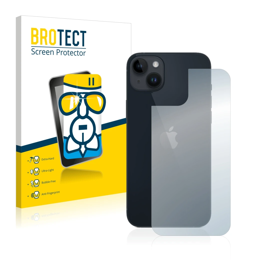 Face avant d’un emballage produit avec le logo de la marque BROTECT. À côté, l’appareil Apple iPhone 14 Plus (Arrière) est rep