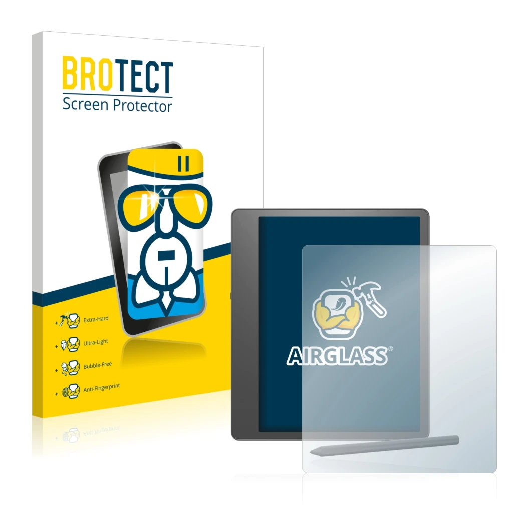 Face avant d’un emballage produit avec le logo de la marque BROTECT. À côté, l’appareil Amazon Kindle Scribe est représenté av