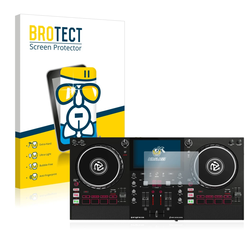 Face avant d’un emballage produit avec le logo de la marque BROTECT. À côté, l’appareil Numark Mixstream Pro est représenté av
