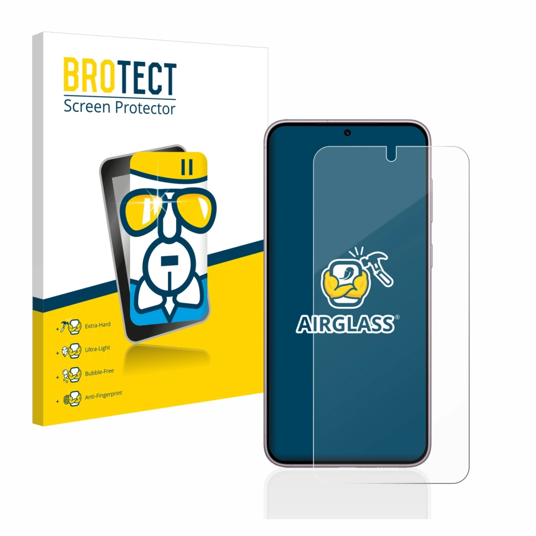 Face avant d’un emballage produit avec le logo de la marque BROTECT. À côté, l’appareil Samsung Galaxy S23 est représenté avec