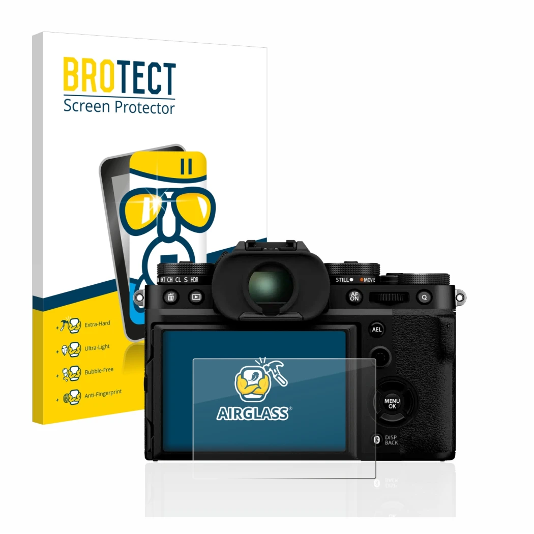 Face avant d’un emballage produit avec le logo de la marque BROTECT. À côté, l’appareil Fujifilm X-T5 est représenté avec la p