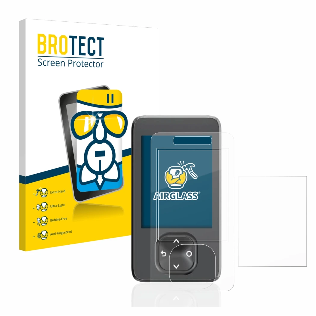 Face avant d’un emballage produit avec le logo de la marque BROTECT. À côté, l’appareil Dexcom G7 CGM est représenté avec la p