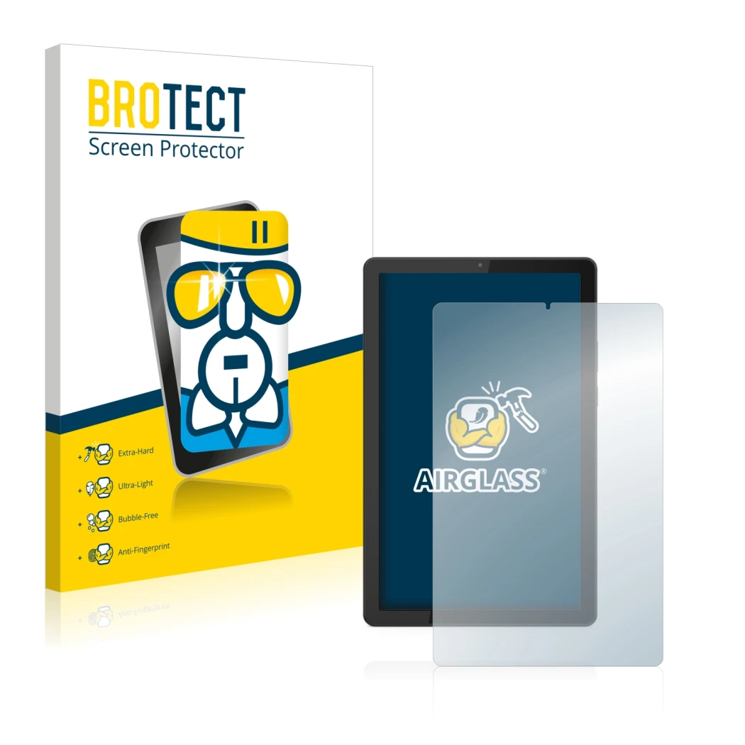 Face avant d’un emballage produit avec le logo de la marque BROTECT. À côté, l’appareil Lenovo Tab M9 est représenté avec la p