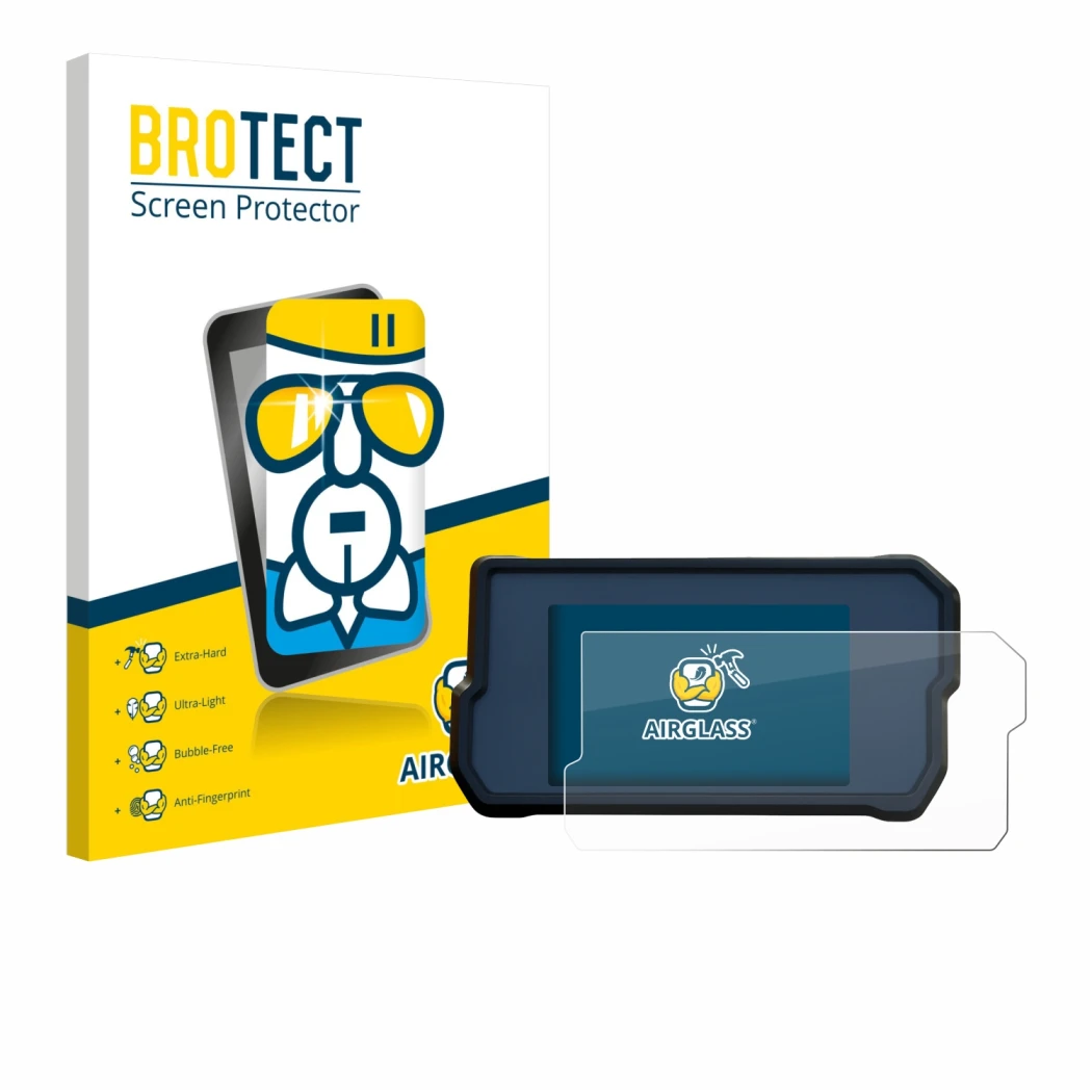 Face avant d’un emballage produit avec le logo de la marque BROTECT. À côté, l’appareil KTM 390 Duke 2019 est représenté avec 