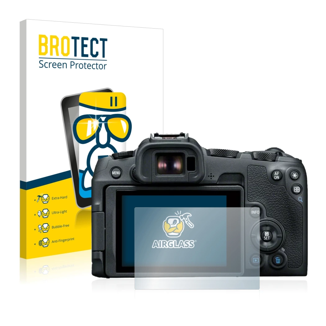 Face avant d’un emballage produit avec le logo de la marque BROTECT. À côté, l’appareil Canon EOS R8 est représenté avec la pr