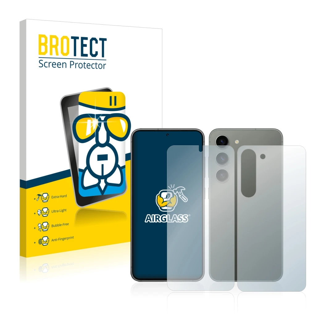 Face avant d’un emballage produit avec le logo de la marque BROTECT. À côté, l’appareil Samsung Galaxy S23 (Avant+Arrière) est