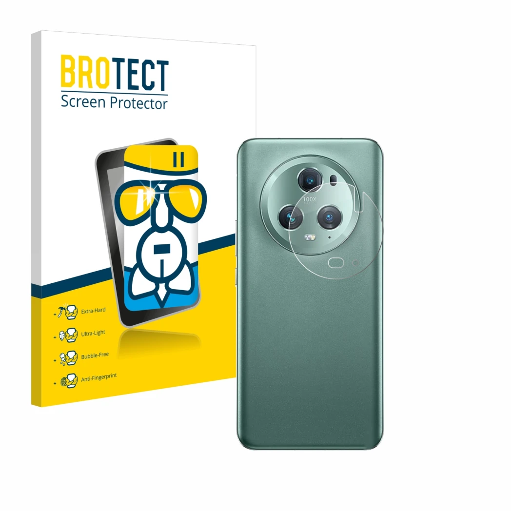 Face avant d’un emballage produit avec le logo de la marque BROTECT. À côté, l’appareil Honor Magic 5 Pro (Caméra UNIQUEMENT) 