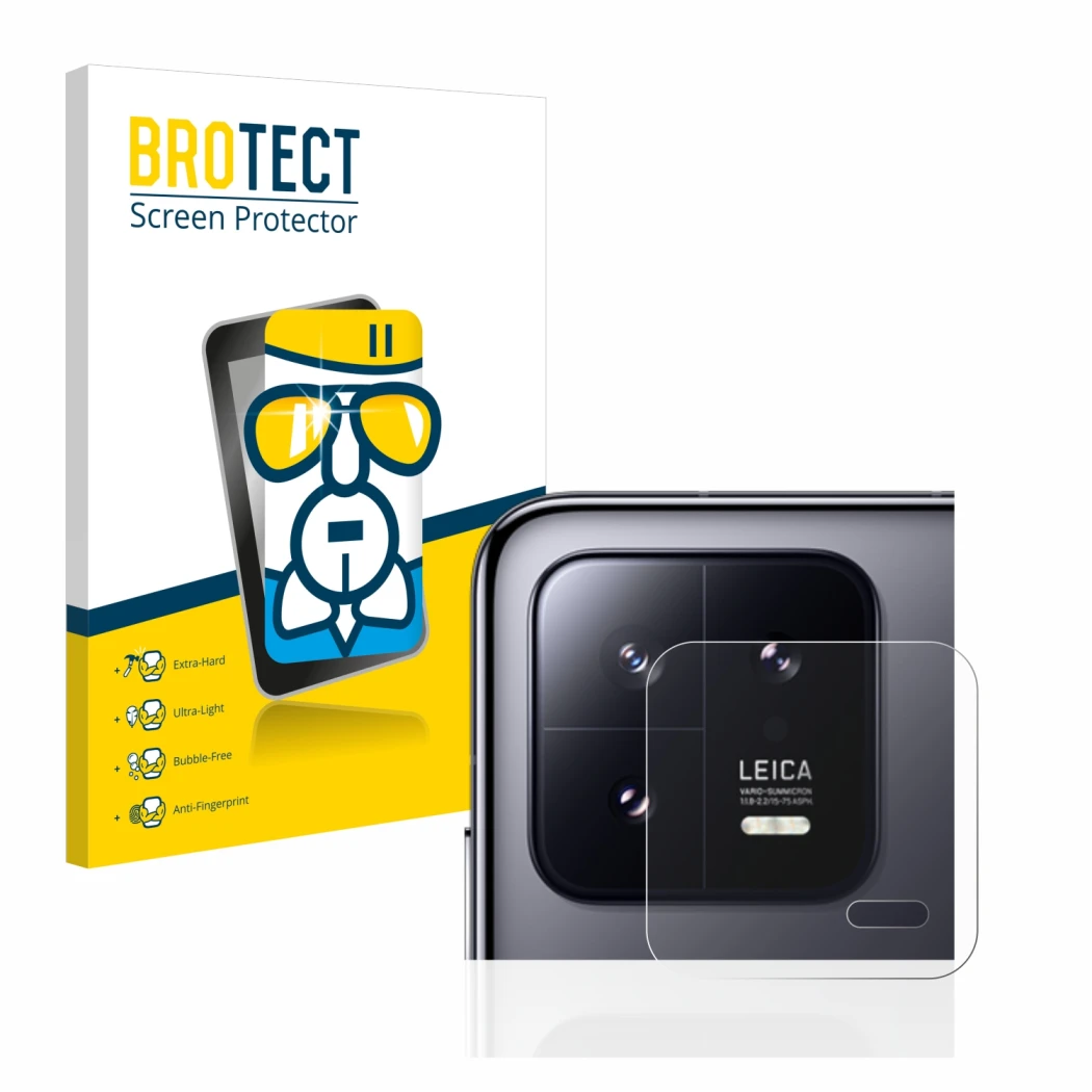 Face avant d’un emballage produit avec le logo de la marque BROTECT. À côté, l’appareil Xiaomi 13 (Caméra UNIQUEMENT) est repr