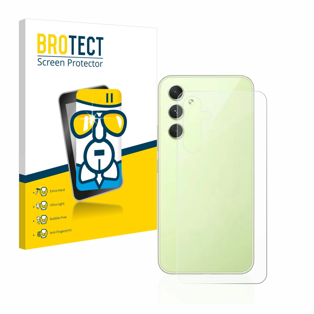 Face avant d’un emballage produit avec le logo de la marque BROTECT. À côté, l’appareil Samsung Galaxy A54 5G (Arrière) est re