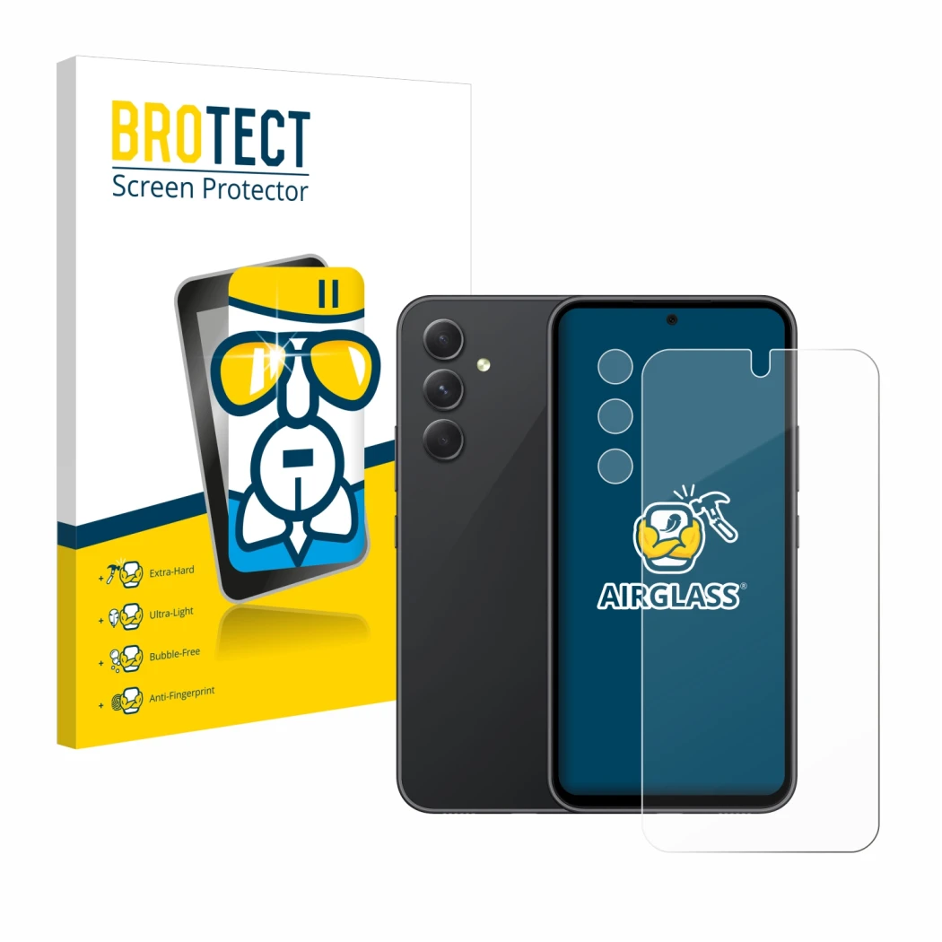 Face avant d’un emballage produit avec le logo de la marque BROTECT. À côté, l’appareil Samsung Galaxy A54 5G (Avant+Caméra) e