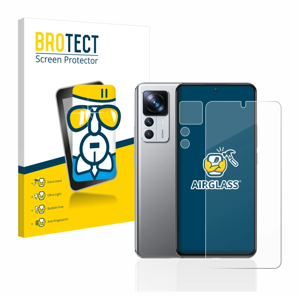 Face avant d’un emballage produit avec le logo de la marque BROTECT. À côté, l’appareil Xiaomi 12T Pro (Avant+Caméra) est repr