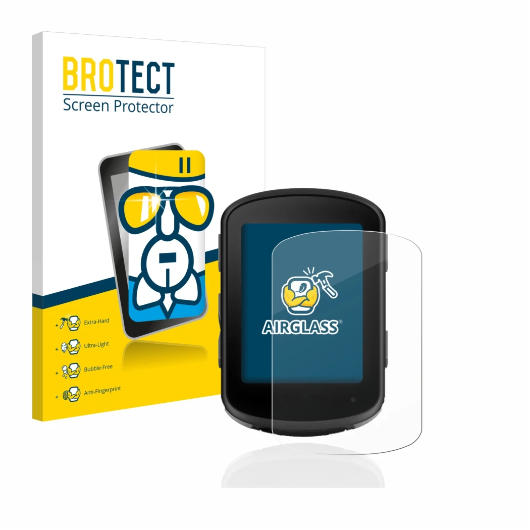 Face avant d’un emballage produit avec le logo de la marque BROTECT. À côté, l’appareil Garmin Edge 540 est représenté avec la