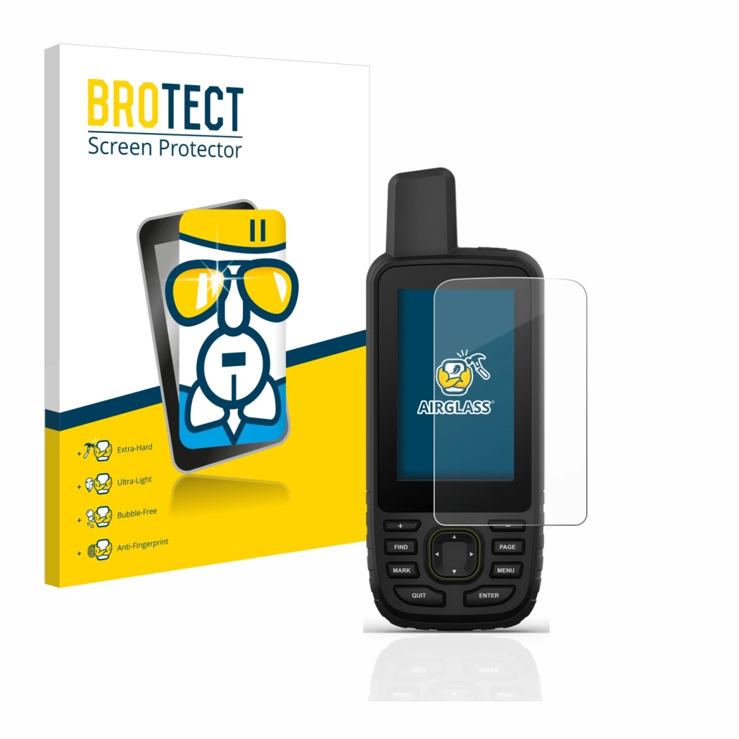 Face avant d’un emballage produit avec le logo de la marque BROTECT. À côté, l’appareil Garmin GPSMAP 67 est représenté avec l