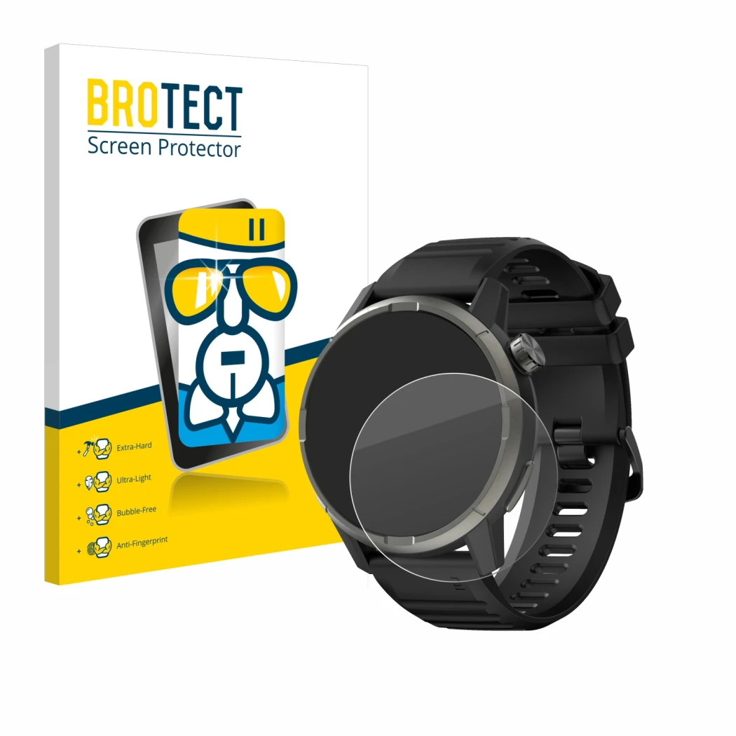 Face avant d’un emballage produit avec le logo de la marque BROTECT. À côté, l’appareil Kiprun GPS 900 by Coros est représenté