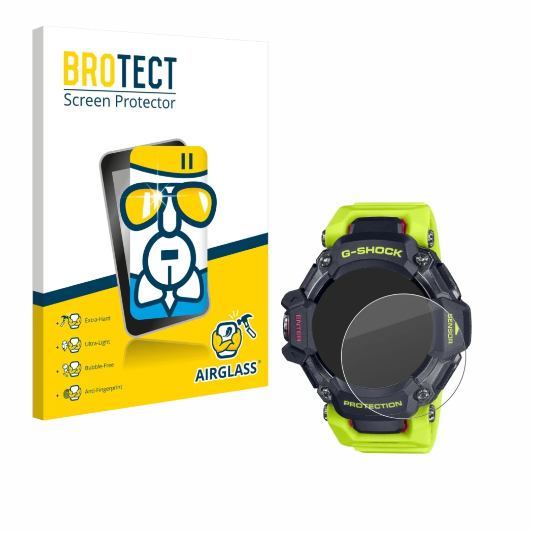 Face avant d’un emballage produit avec le logo de la marque BROTECT. À côté, l’appareil Casio G-Shock GBD-H2000 est représenté