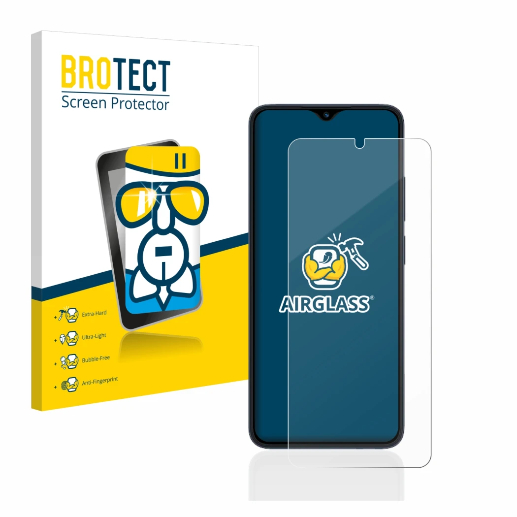 Face avant d’un emballage produit avec le logo de la marque BROTECT. À côté, l’appareil Xiaomi Redmi 12C est représenté avec l