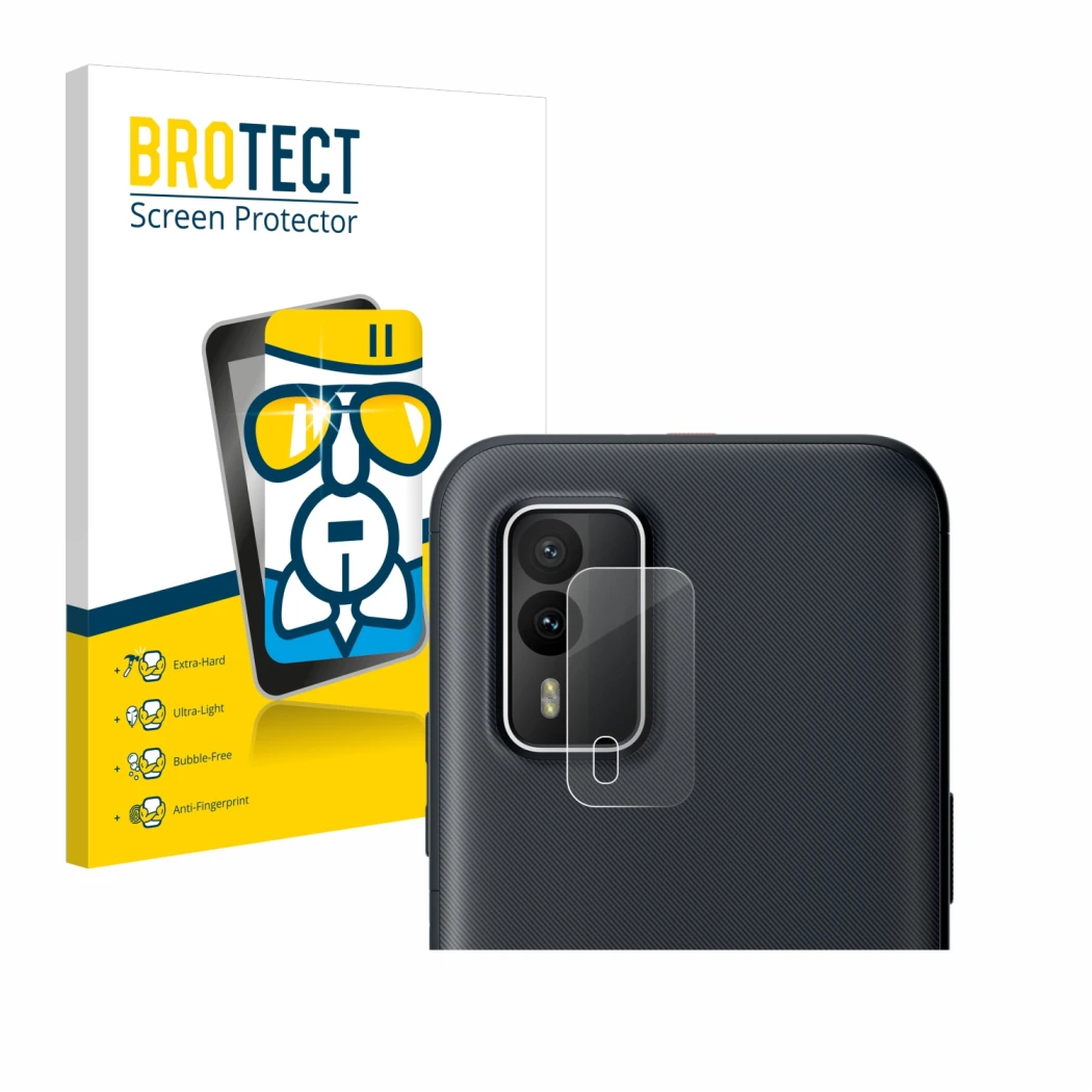 Face avant d’un emballage produit avec le logo de la marque BROTECT. À côté, l’appareil Nokia XR21 (Caméra UNIQUEMENT) est rep