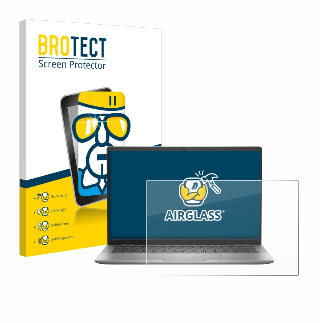 Face avant d’un emballage produit avec le logo de la marque BROTECT. À côté, l’appareil Dell Latitude 7440 Laptop est représen