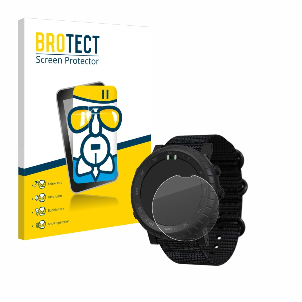 Face avant d’un emballage produit avec le logo de la marque BROTECT. À côté, l’appareil Suunto Core Alpha est représenté avec
