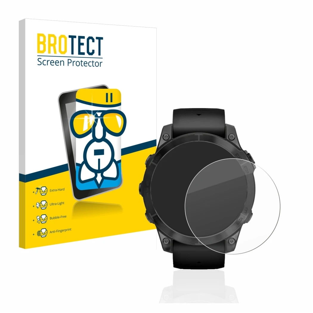 Face avant d’un emballage produit avec le logo de la marque BROTECT. À côté, l’appareil Garmin Epix Pro (Gen 2) (47 mm) est re