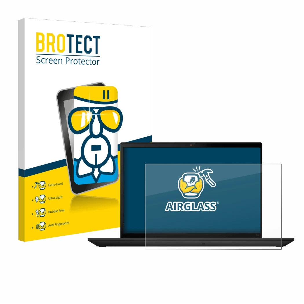 Face avant d’un emballage produit avec le logo de la marque BROTECT. À côté, l’appareil Lenovo ThinkPad T16 Gen 2 est représen