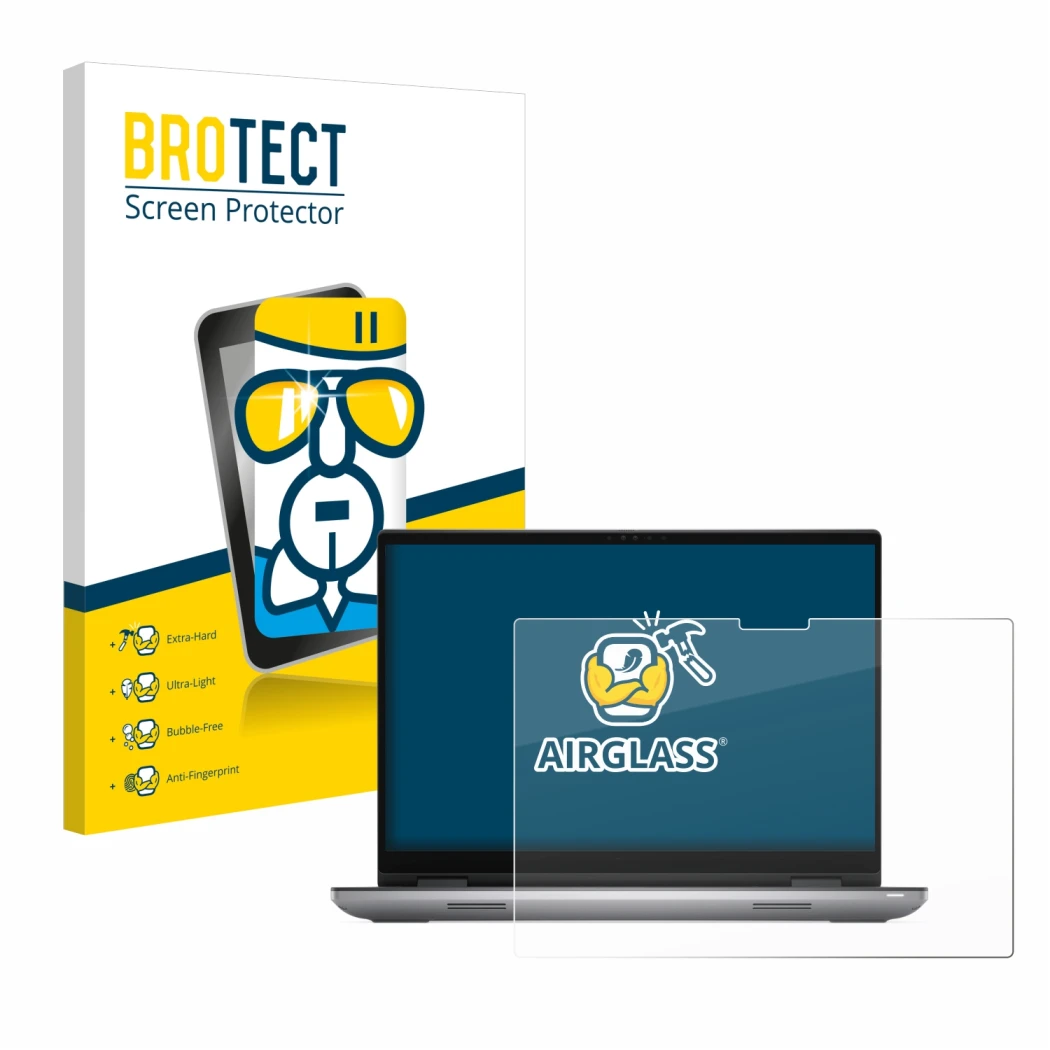 Face avant d’un emballage produit avec le logo de la marque BROTECT. À côté, l’appareil Dell Precision 7680 Touch est représen