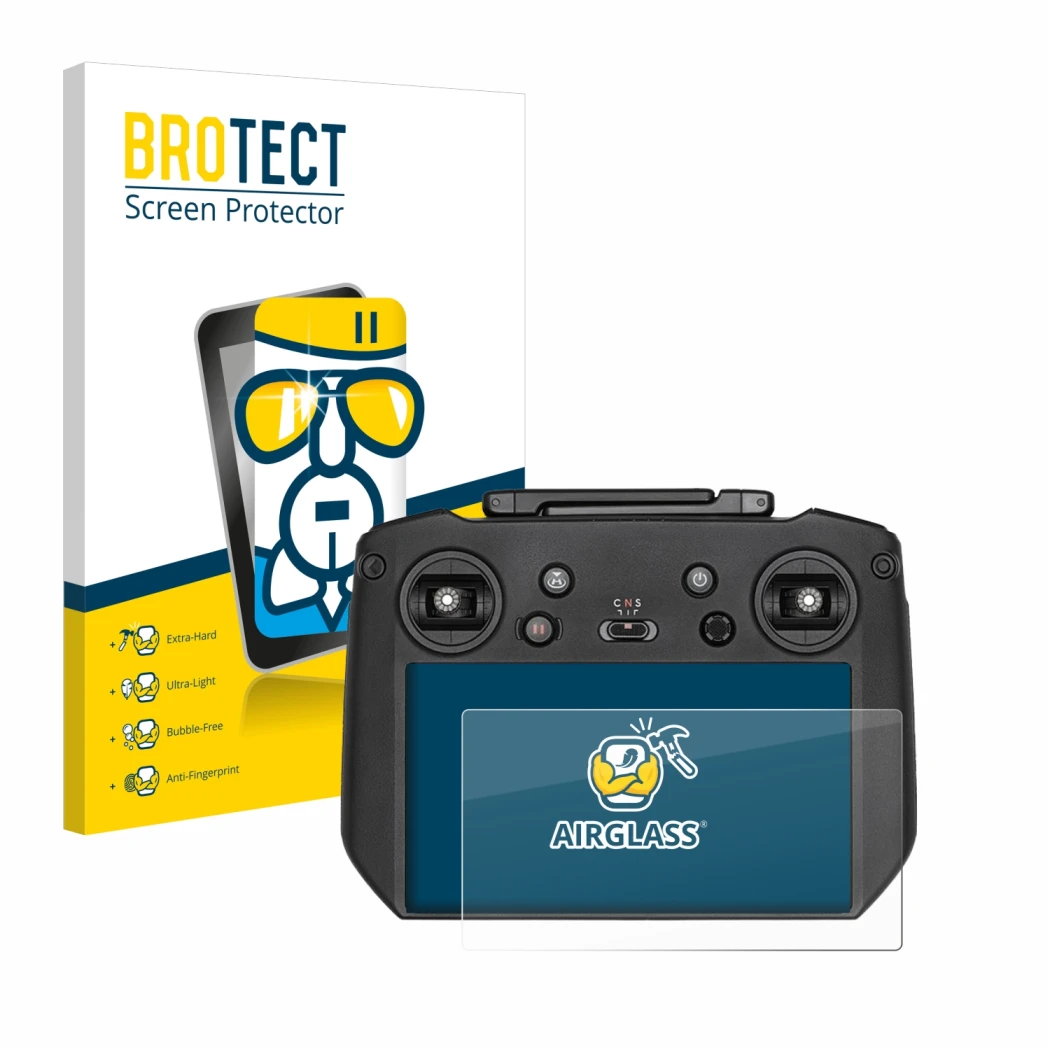 Face avant d’un emballage produit avec le logo de la marque BROTECT. À côté, l’appareil DJI Mavic 3 RC Pro est représenté avec