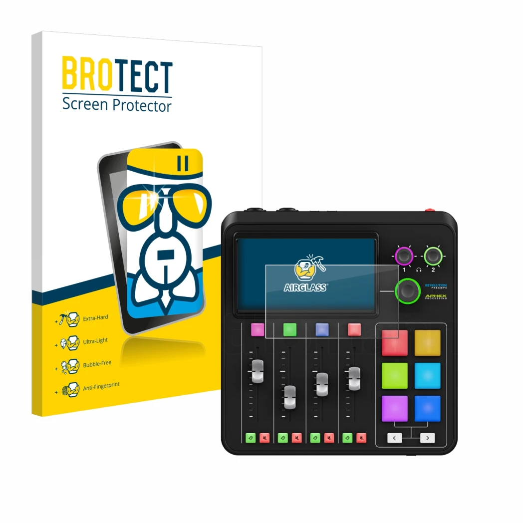 Face avant d’un emballage produit avec le logo de la marque BROTECT. À côté, l’appareil Rode Rodecaster Duo est représenté ave