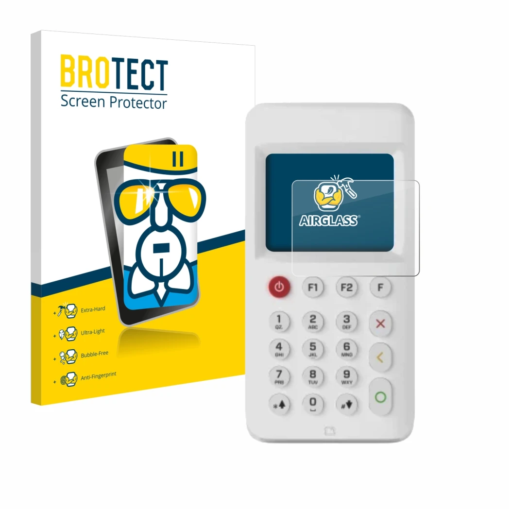 Face avant d’un emballage produit avec le logo de la marque BROTECT. À côté, l’appareil myPOS Go 2 est représenté avec la prot