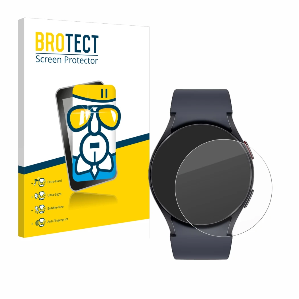 Face avant d’un emballage produit avec le logo de la marque BROTECT. À côté, l’appareil Samsung Galaxy Watch 6 (40 mm) est rep