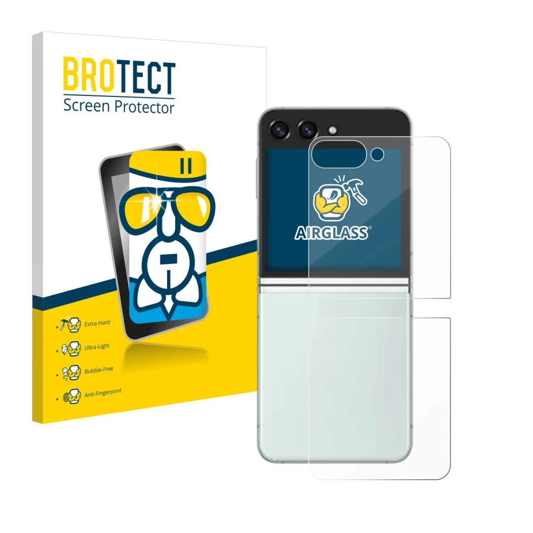 Face avant d’un emballage produit avec le logo de la marque BROTECT. À côté, l’appareil Samsung Galaxy Z Flip 5 (Arrière) est 