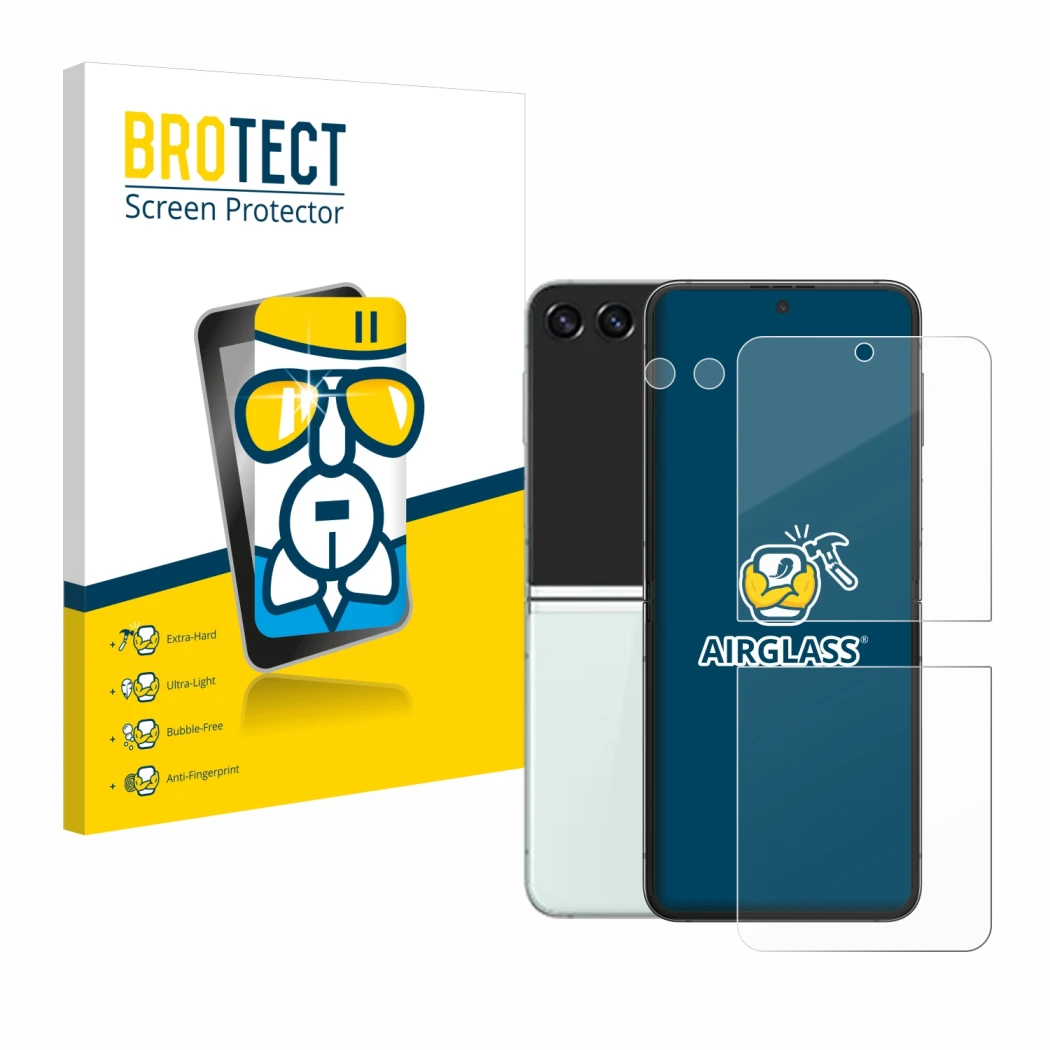 Face avant d’un emballage produit avec le logo de la marque BROTECT. À côté, l’appareil Samsung Galaxy Z Flip 5 (Avant+Caméra)