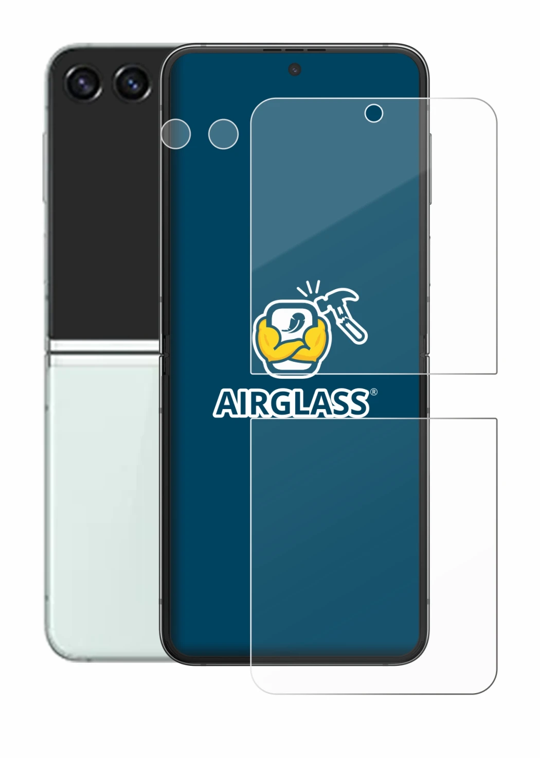 Image de l'appareil Samsung Galaxy Z Flip 5 (Avant+Caméra) avec une grande variété de protections d'écran.