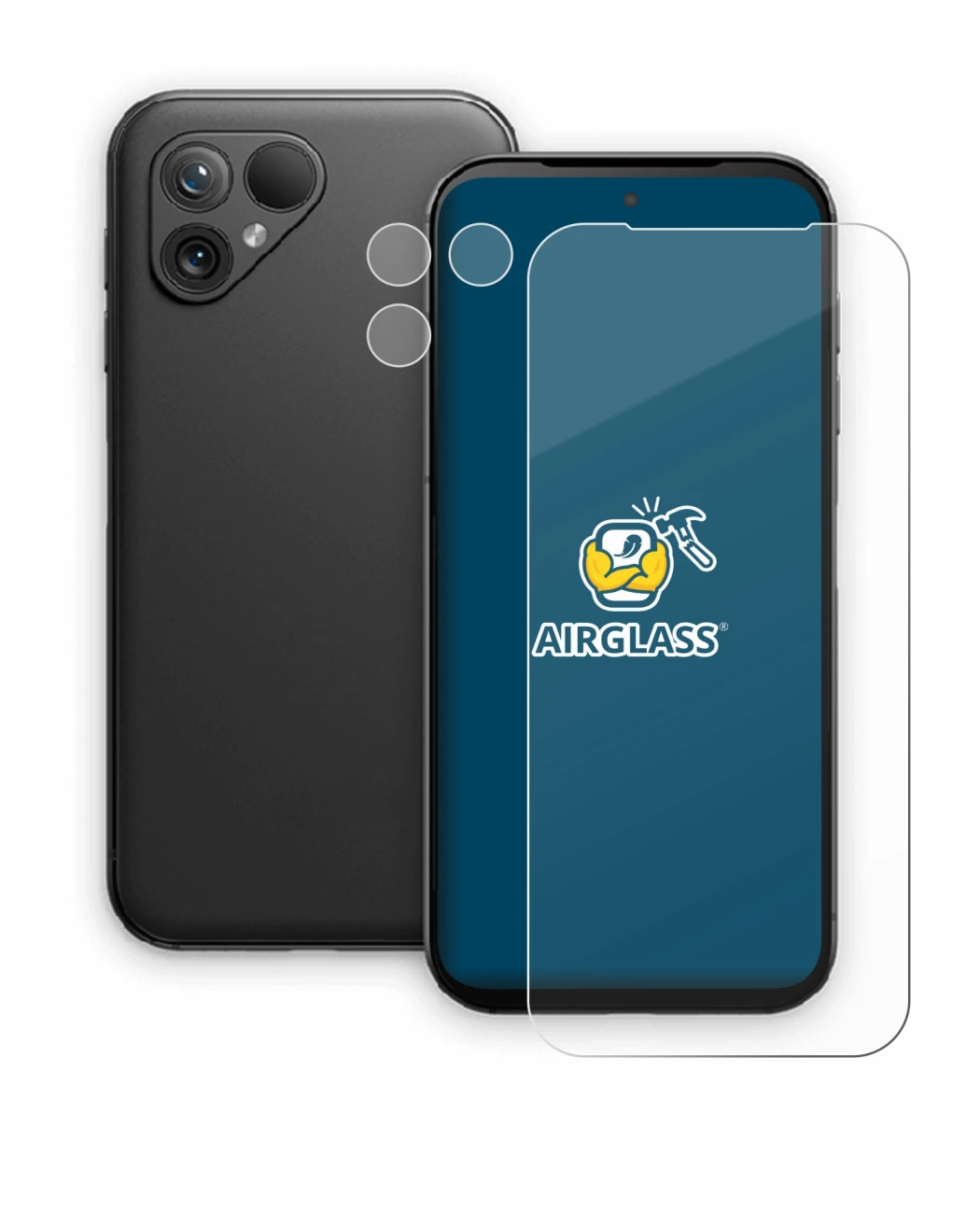 Image de l'appareil Fairphone 5 (Avant+Caméra) avec une grande variété de protections d'écran.