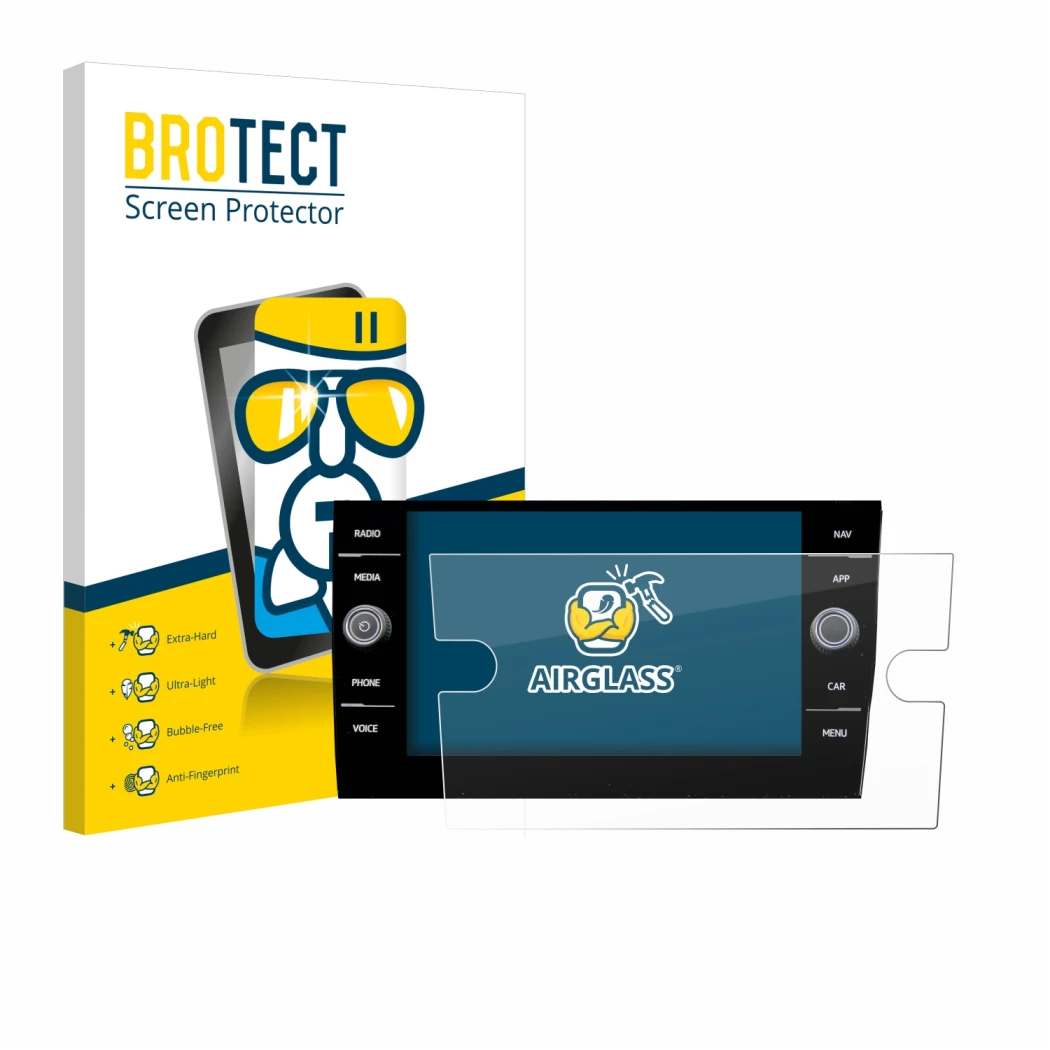 Face avant d’un emballage produit avec le logo de la marque BROTECT. À côté, l’appareil Volkswagen Taigo Discover Media 8” 202
