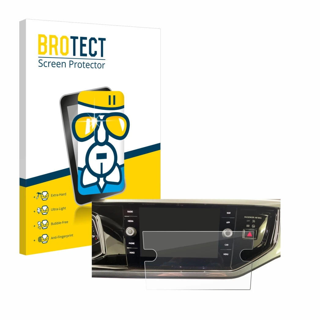 Face avant d’un emballage produit avec le logo de la marque BROTECT. À côté, l’appareil Volkswagen Polo VI Ready 2 Discover 8