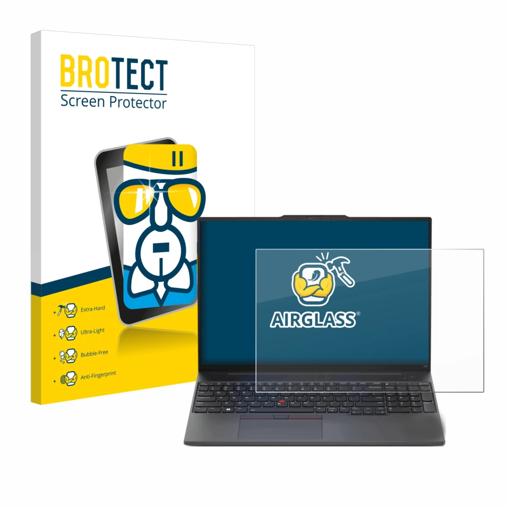 Face avant d’un emballage produit avec le logo de la marque BROTECT. À côté, l’appareil Lenovo ThinkPad E16 Gen 1 est représen