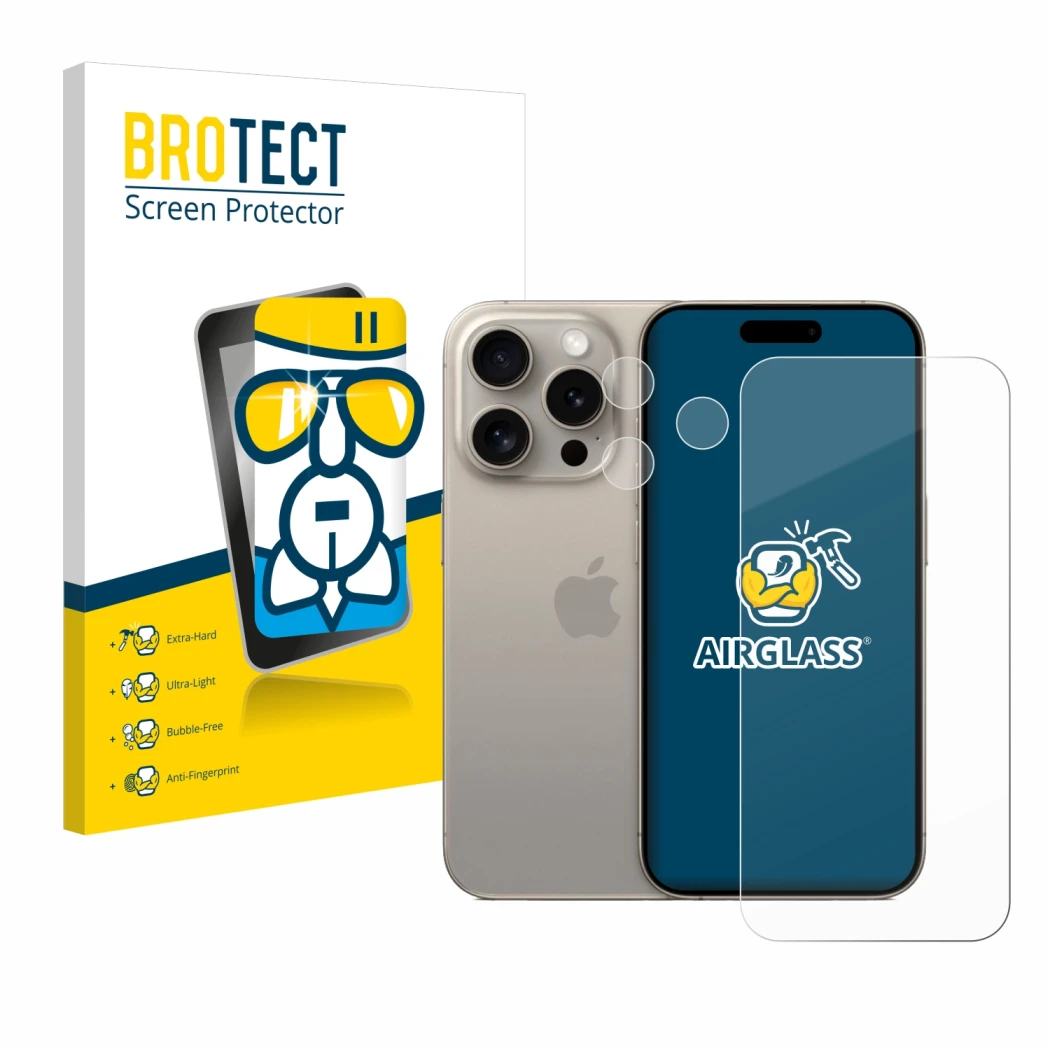 Face avant d’un emballage produit avec le logo de la marque BROTECT. À côté, l’appareil Apple iPhone 15 Pro (Avant+Caméra) est