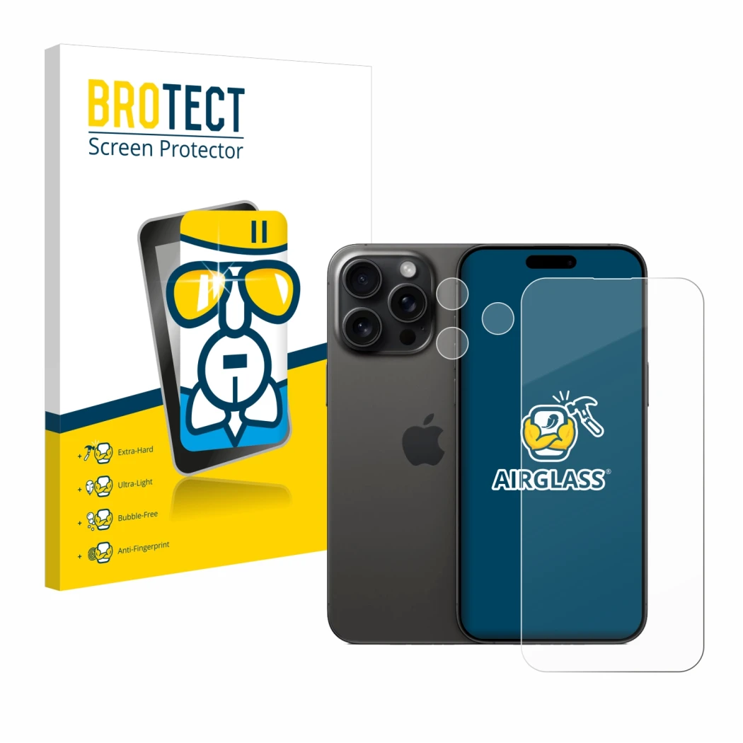 Face avant d’un emballage produit avec le logo de la marque BROTECT. À côté, l’appareil Apple iPhone 15 Pro Max (Avant+Caméra)