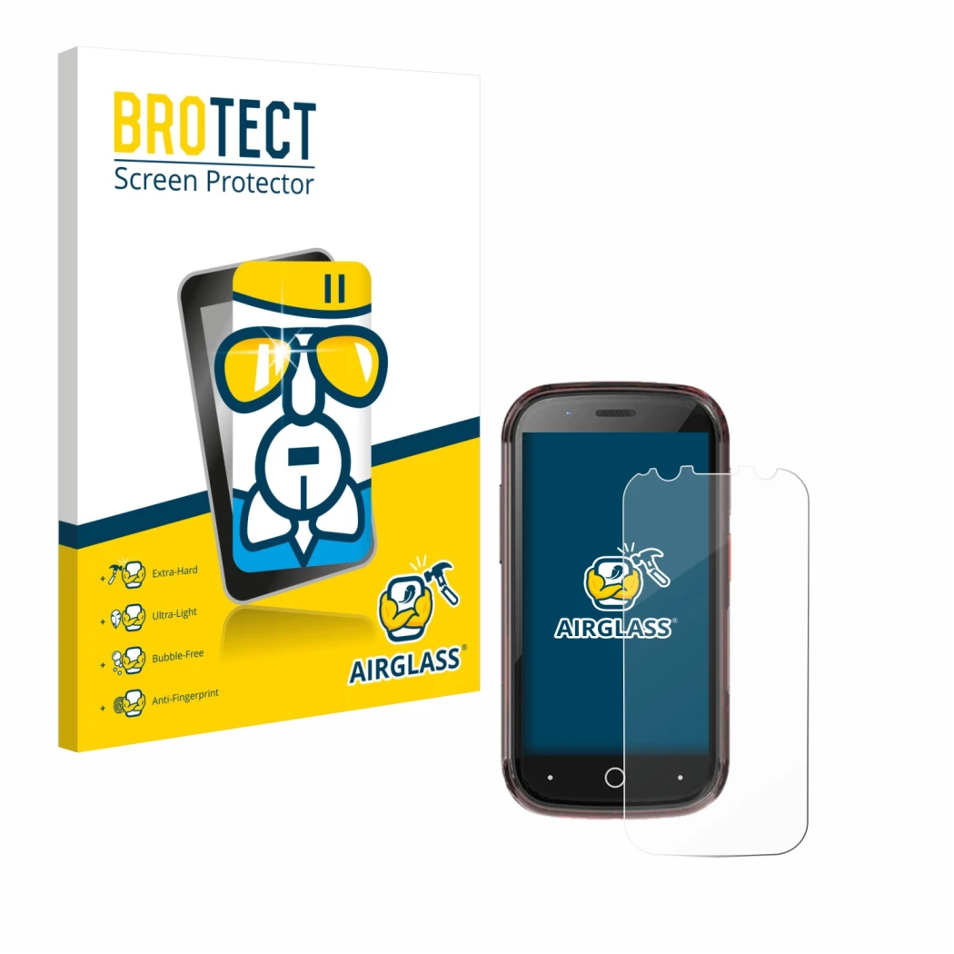 Face avant d’un emballage produit avec le logo de la marque BROTECT. À côté, l’appareil Unihertz Jelly Star est représenté ave