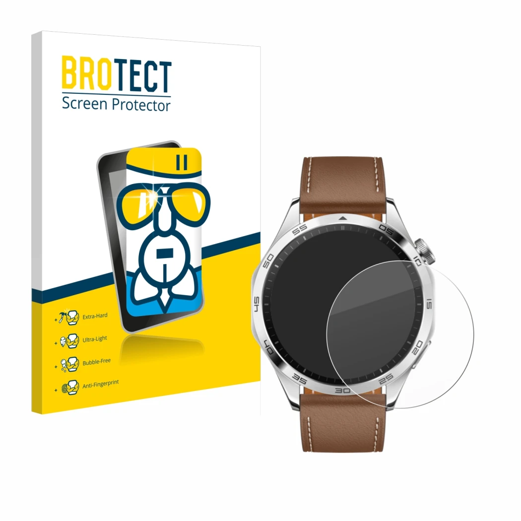 Face avant d’un emballage produit avec le logo de la marque BROTECT. À côté, l’appareil Huawei Watch GT 4 (46mm) est représent