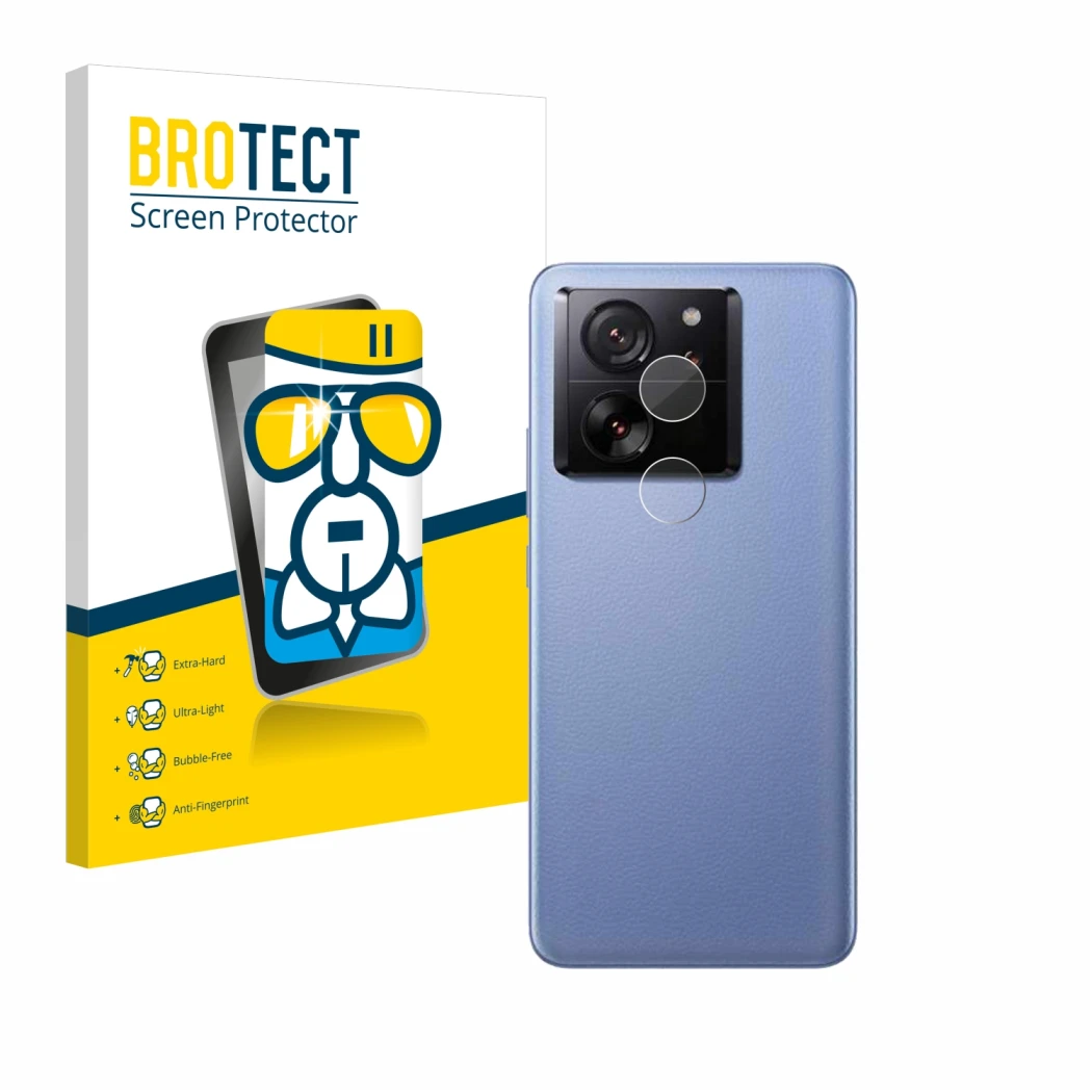 Face avant d’un emballage produit avec le logo de la marque BROTECT. À côté, l’appareil Xiaomi 13T Pro (Caméra UNIQUEMENT) est