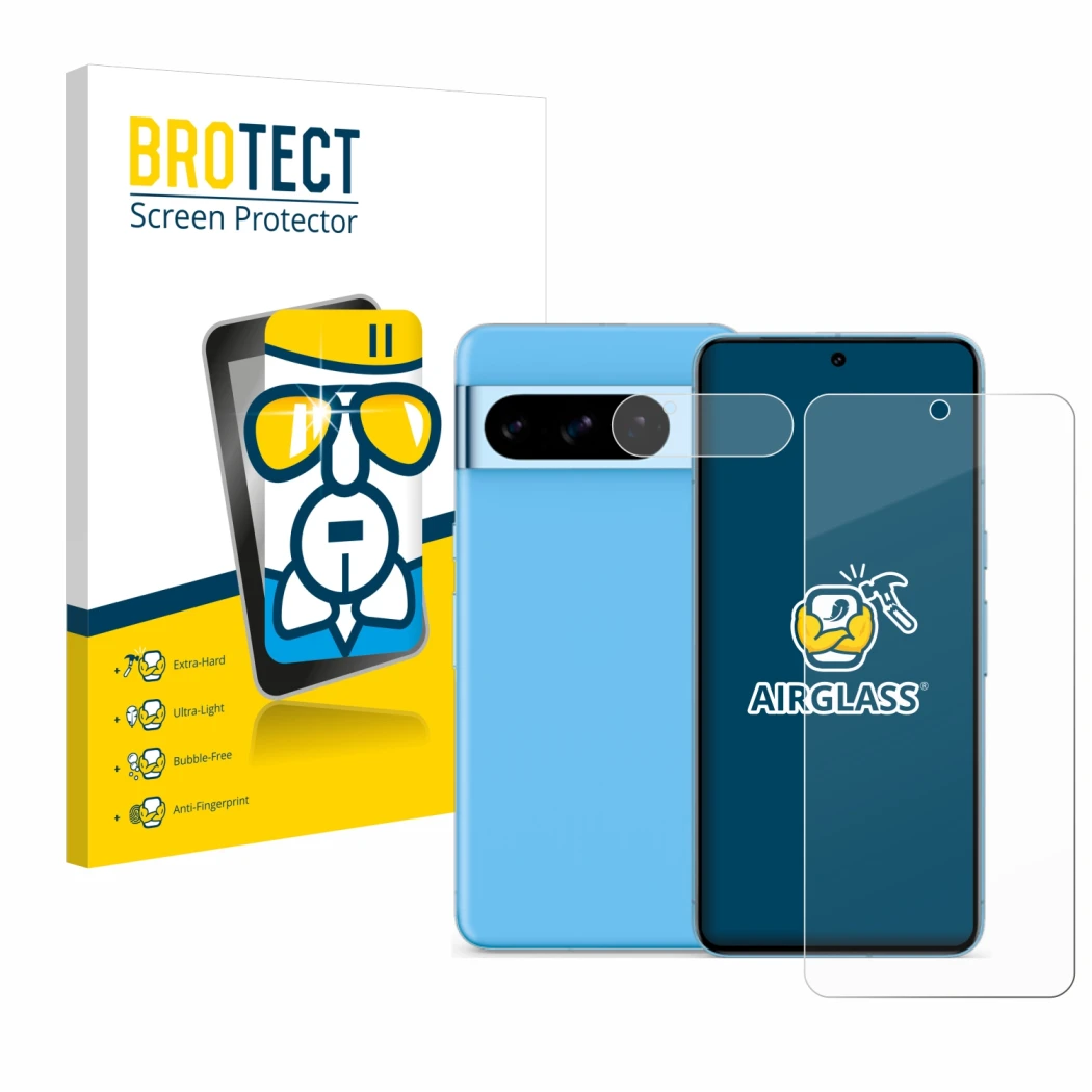 Face avant d’un emballage produit avec le logo de la marque BROTECT. À côté, l’appareil Google Pixel 8 Pro (Avant+Caméra) est 