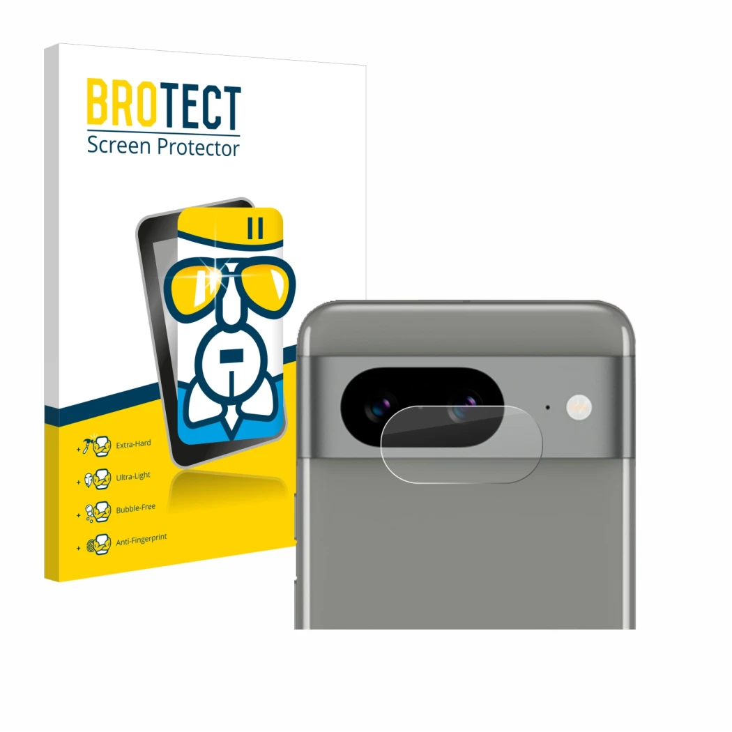 Face avant d’un emballage produit avec le logo de la marque BROTECT. À côté, l’appareil Google Pixel 8 (Caméra UNIQUEMENT) est