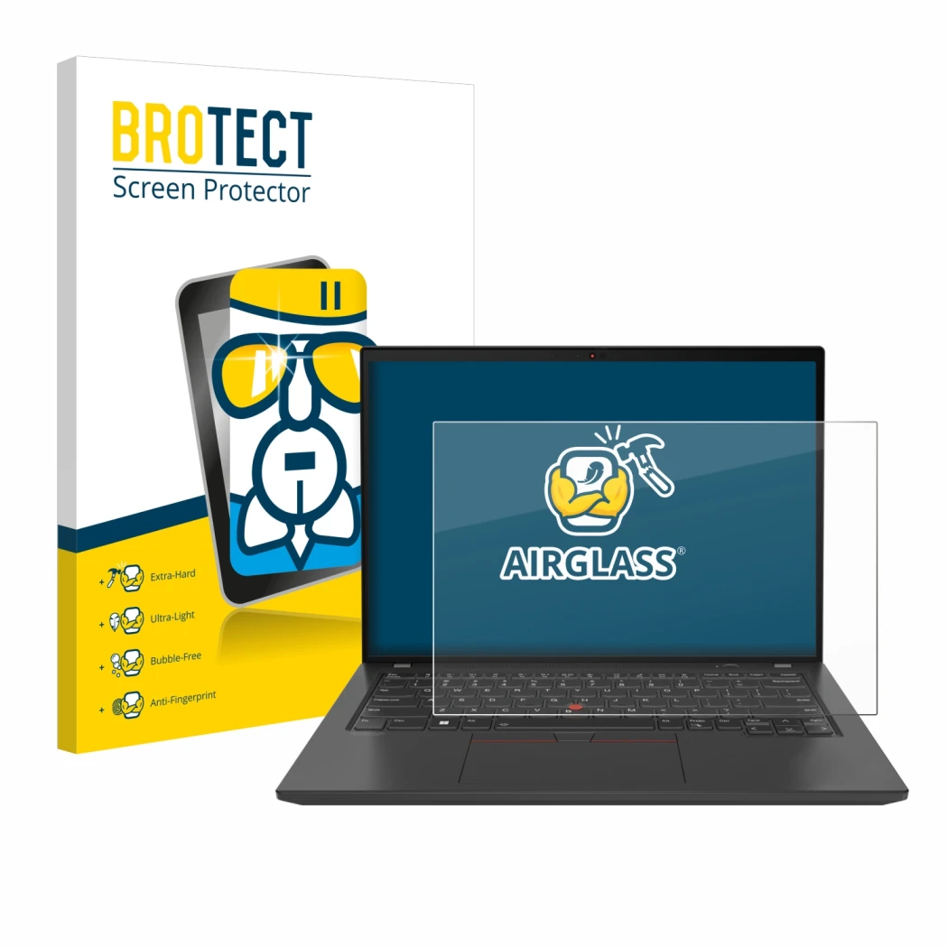 Face avant d’un emballage produit avec le logo de la marque BROTECT. À côté, l’appareil Lenovo ThinkPad T16 Gen 3 est représen